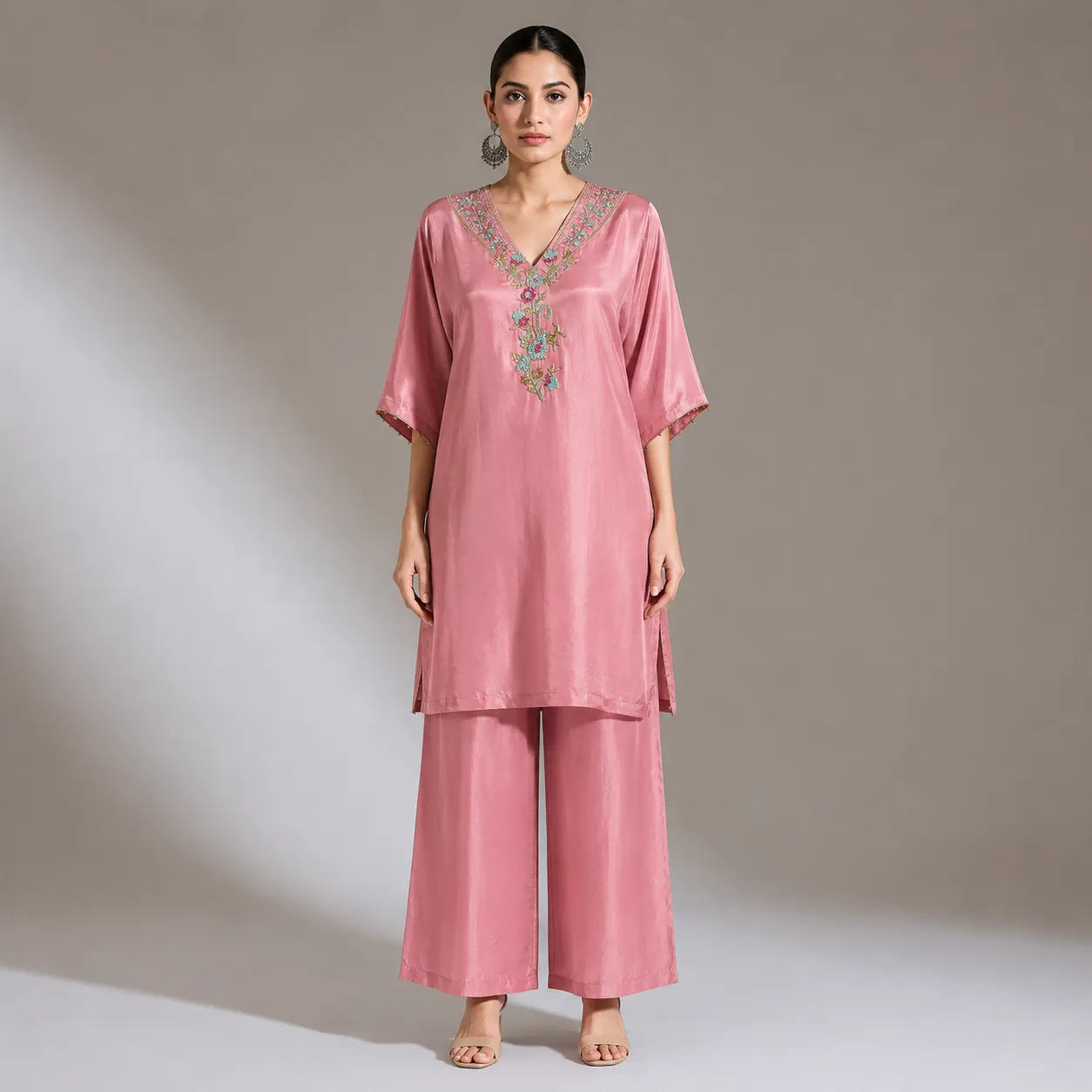 Blush Pink Embroidered Kaftan Cords with Straight Pants